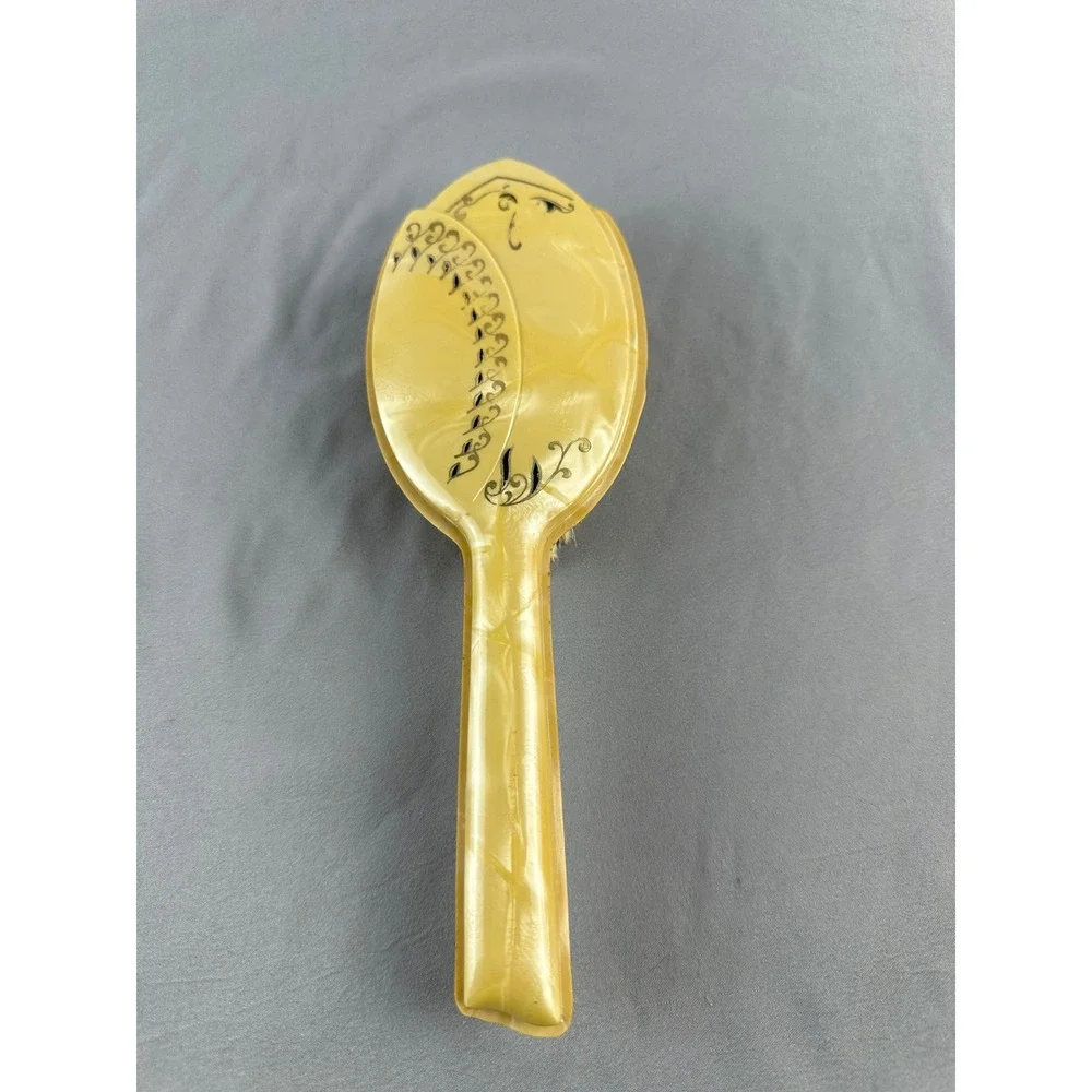Art Deco Yellow Celluloid Vanity Brush w Black‎ Scroll Design